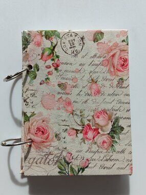 New Notepad Cardstock Hardcover Floral Metal Loop Bound 4.5" x 5" Off-white Pink